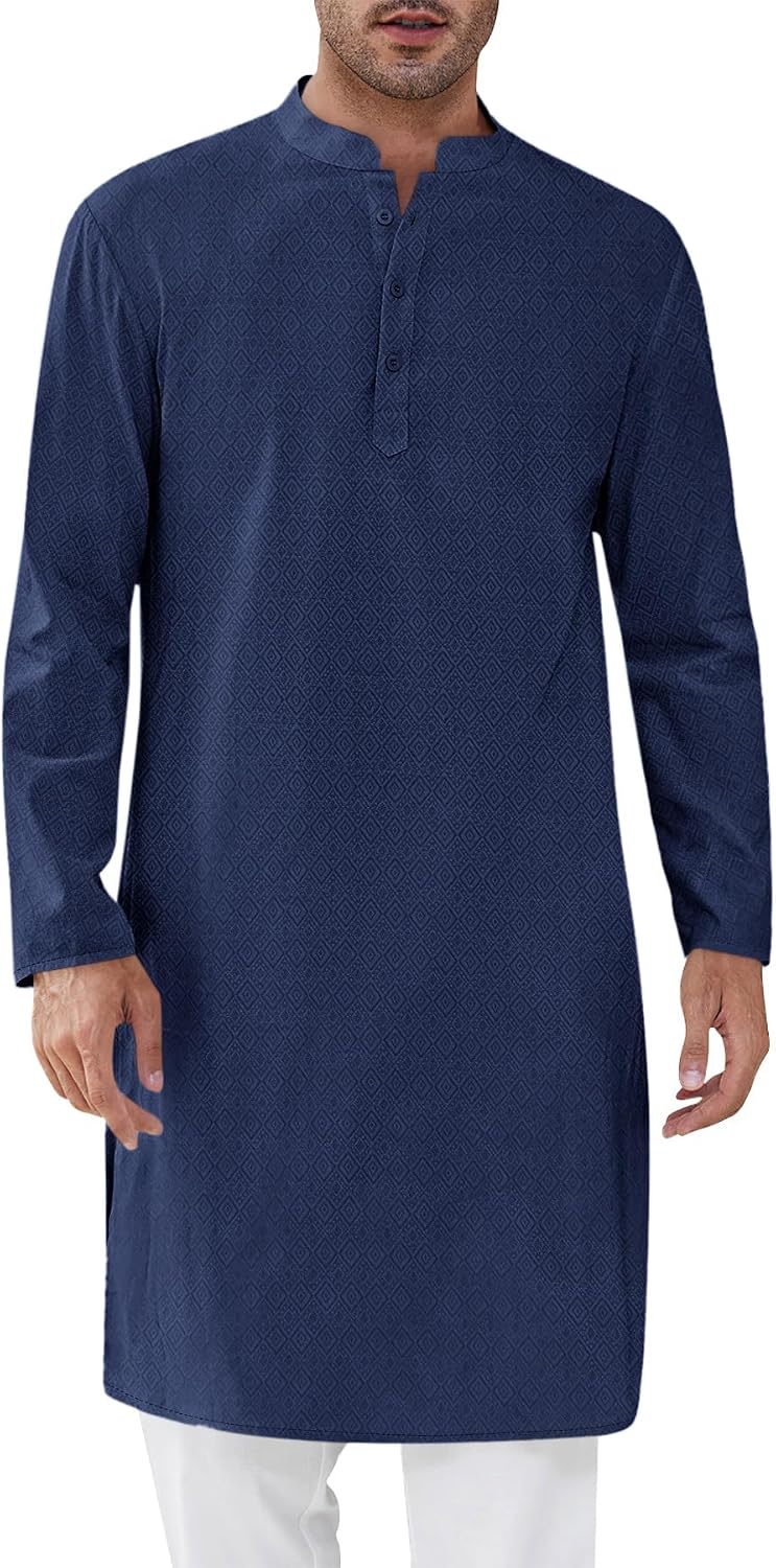 Runcati Mens Kurta Thobe Textured Henley Shirt
