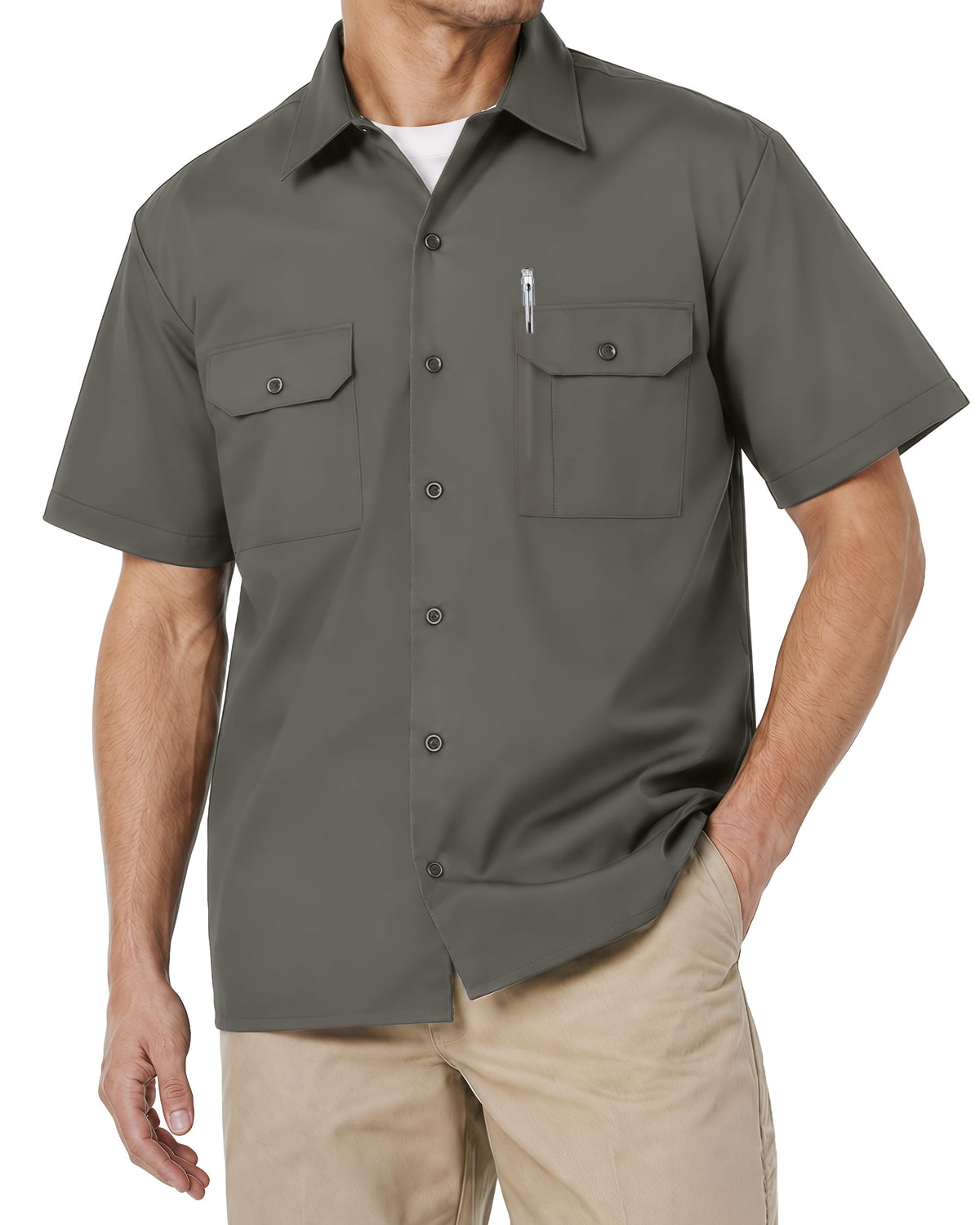 Breathable Cotton Blend Work Shirt for Men Button Up Short Sleeve 2 Pockets
