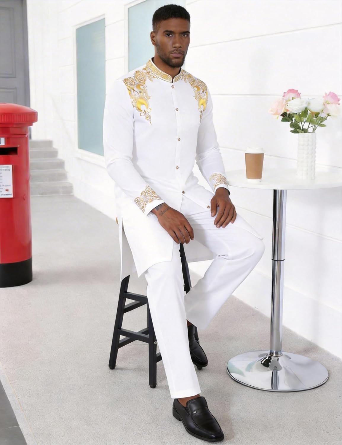 Mens African 2 Piece Set Nigerian Dashiki Metallic Traditional Suit Outfit