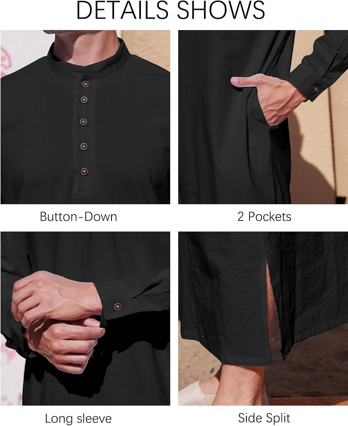 YAOHUOLE Muslim Thobe for Men Button down Mens Caftans Big and Tall Mens Arab Thobe with Pocket