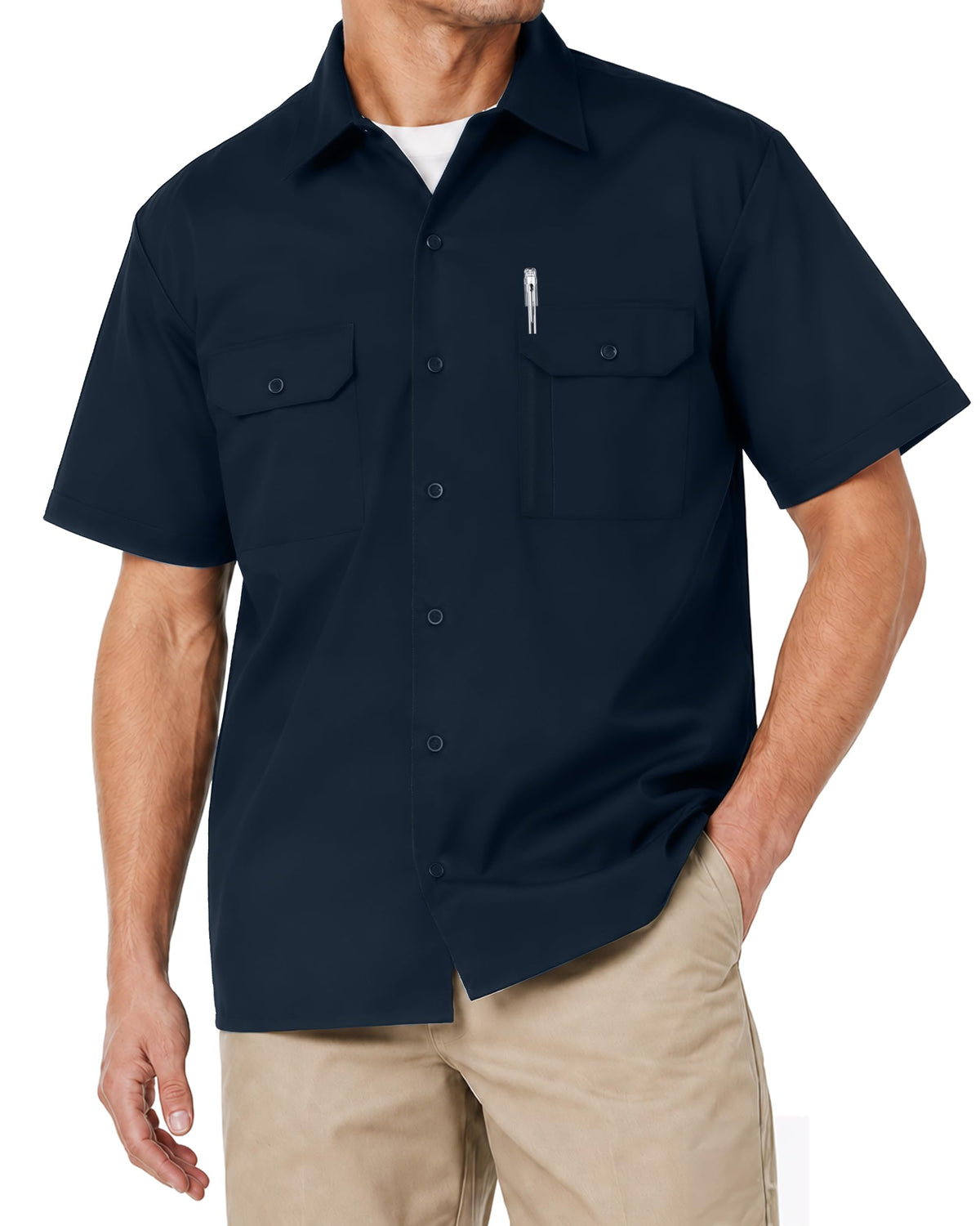 Breathable Cotton Blend Work Shirt for Men Button Up Short Sleeve 2 Pockets