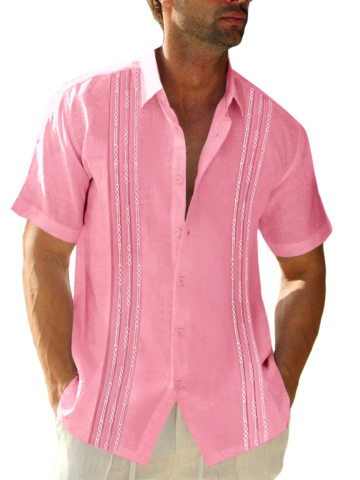Runcati Mens Short Sleeve Guayabera Shirts Linen Button Down Cuban Shirt