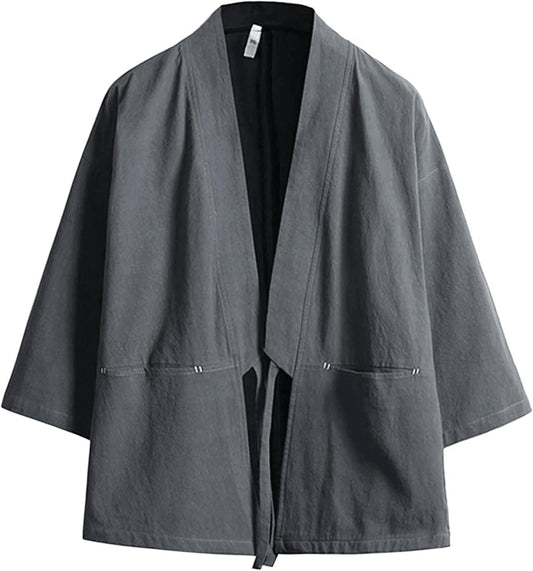 Haseil Men's Kimono Cardigan Japanese Jackets Casual Cotton 3/4 Sleeve Shirt Open Front Coat Lightweight Linen Outwear