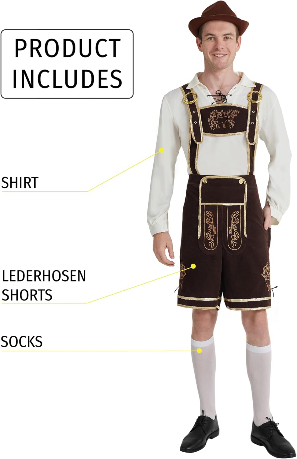 Men's Lederhosen Costume, German Bavarian Oktoberfest Outfit, Shirt & Socks