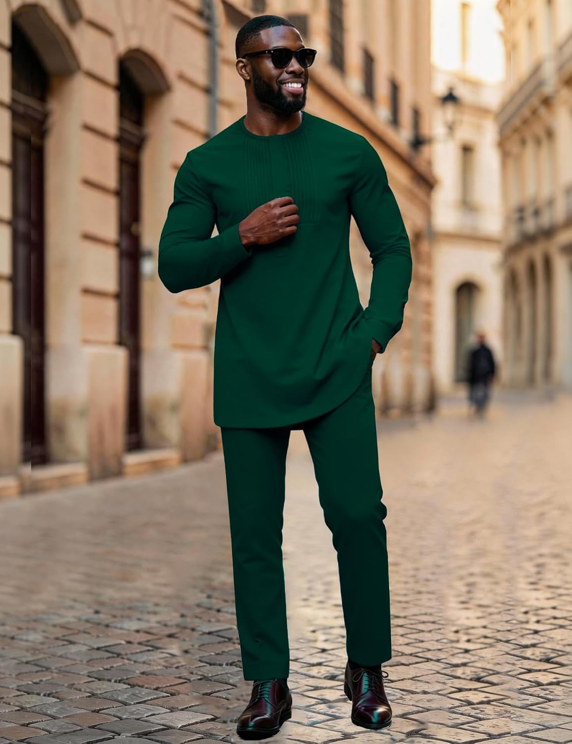 Mens African 2 Piece Set Dashiki Suit Pleated Snap Button Outfit