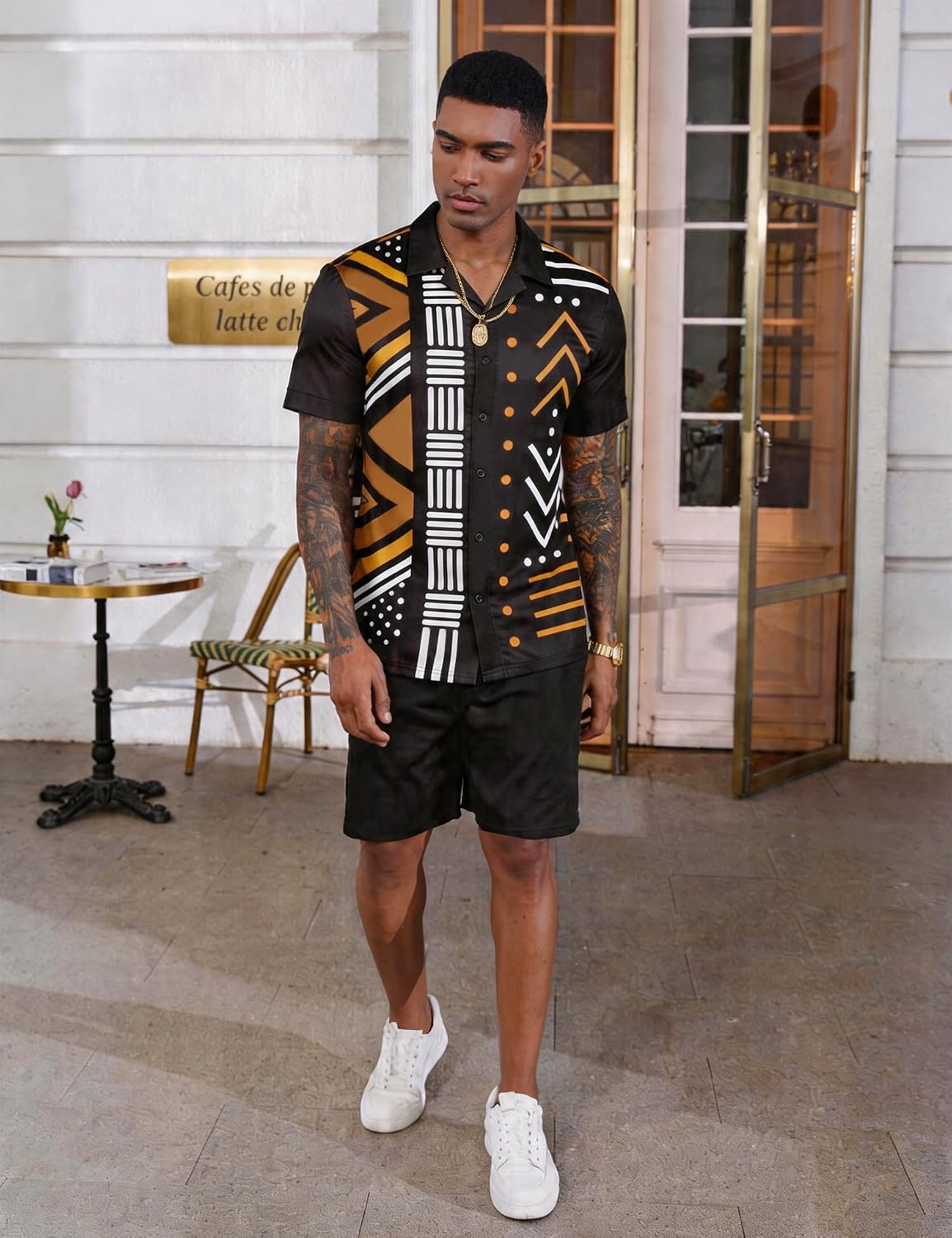 Mens African Dashiki Kente Printed Cuban Collar Button Down Shirts