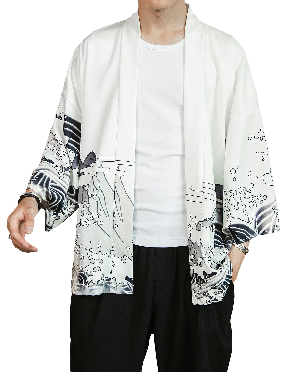 Men's Kimono Cardigan Jacket Japanese Kimono Shirt 3/4 Sleeve Printed Haori