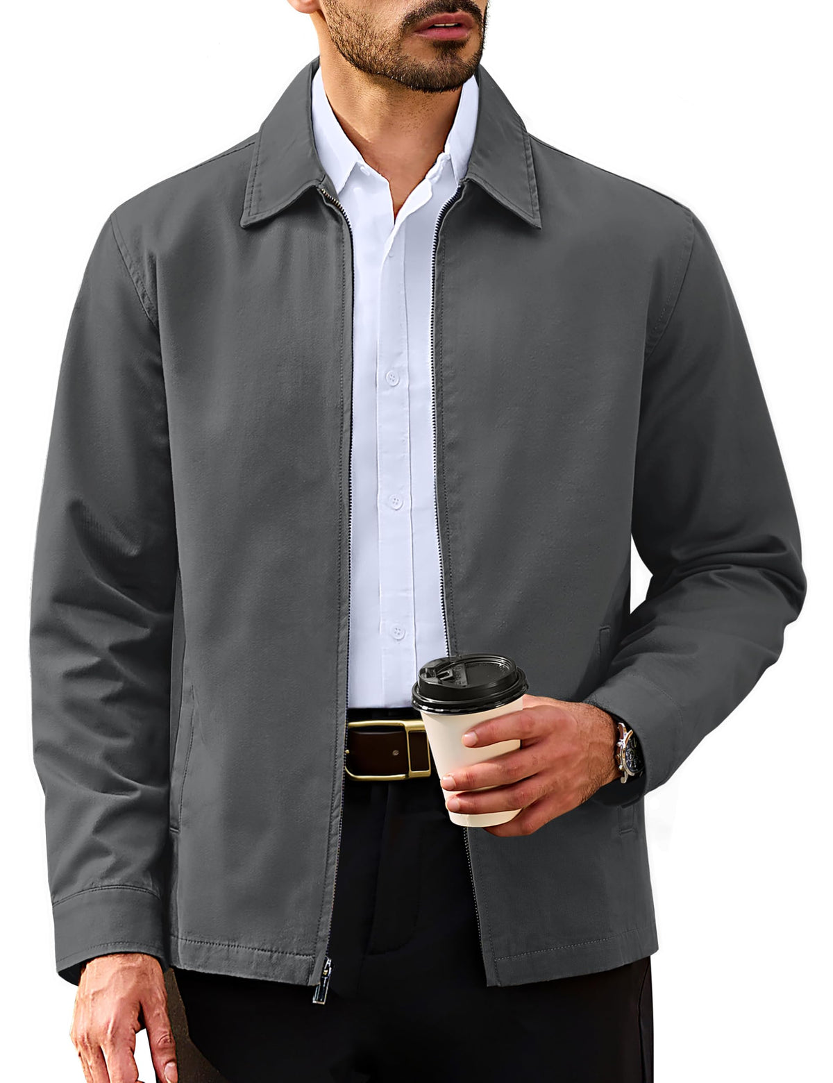 TACVASEN Men's Cotton Jacket Full Zip Up Work Jackets Turndown Collar Business Casual Windbreaker with 3 Pockets