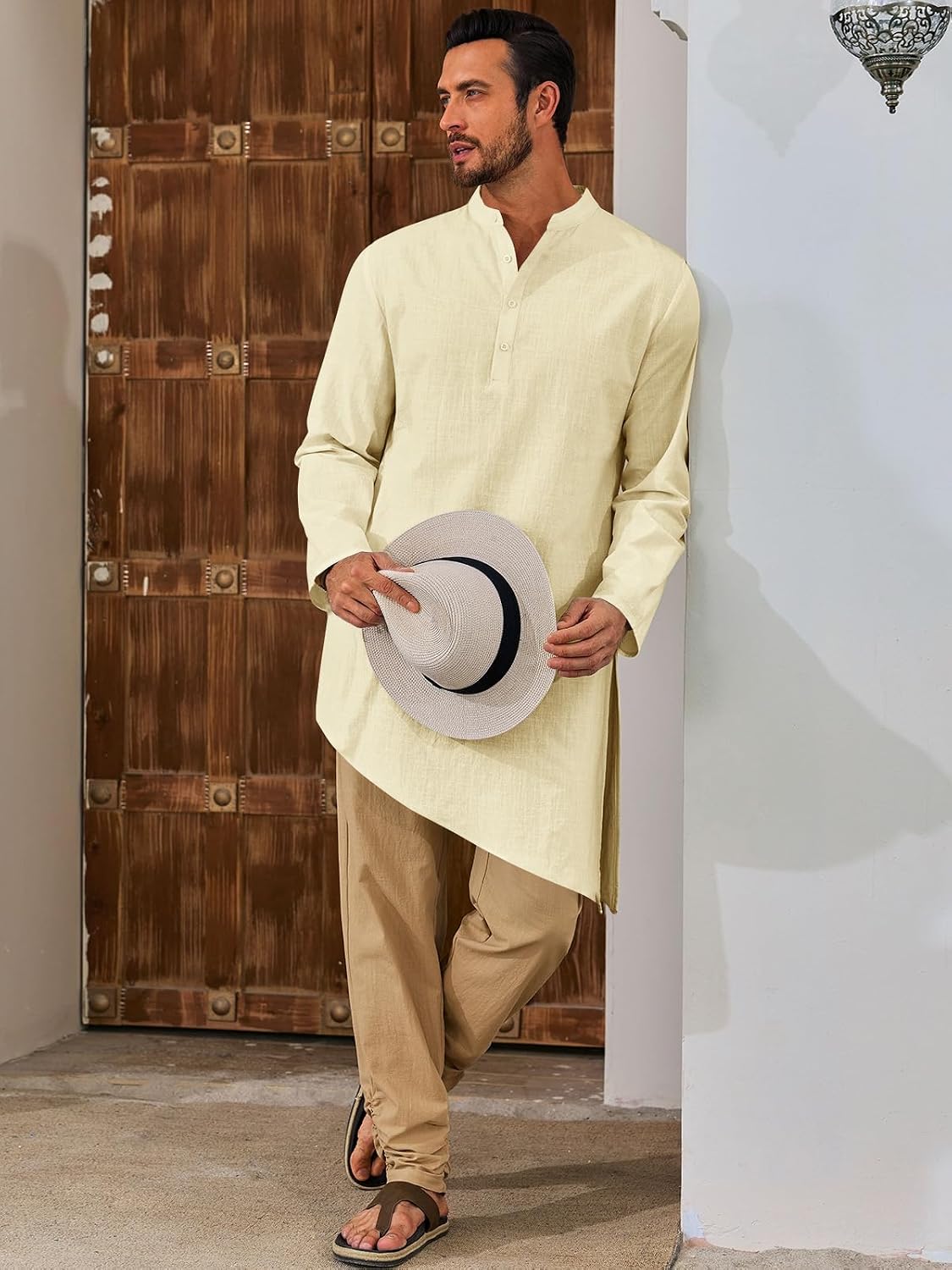 Runcati Mens Kaftan Robe Thobe Cotton Long Sleeve Henley Shirt Casual Muslim Gown Kurta Tops