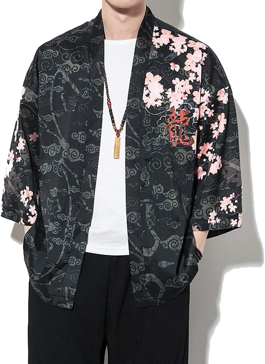 Men's Kimono Cardigan Jacket Japanese Kimono Shirt 3/4 Sleeve Printed Haori