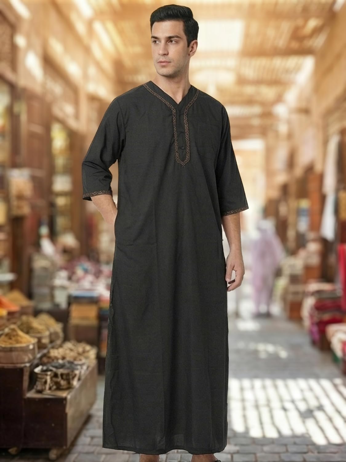 Mens Kaftan Thobe V-Neck Half Sleeve Muslim Robe Dubai Long Gown Saudi Arab Thobe Robes for Summer Beach