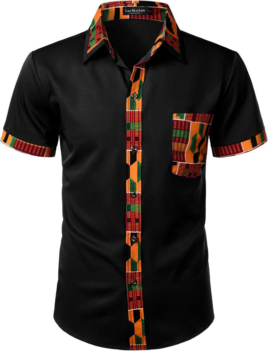 LucMatton Men's African Short Sleeve Button Down Dress Shirt