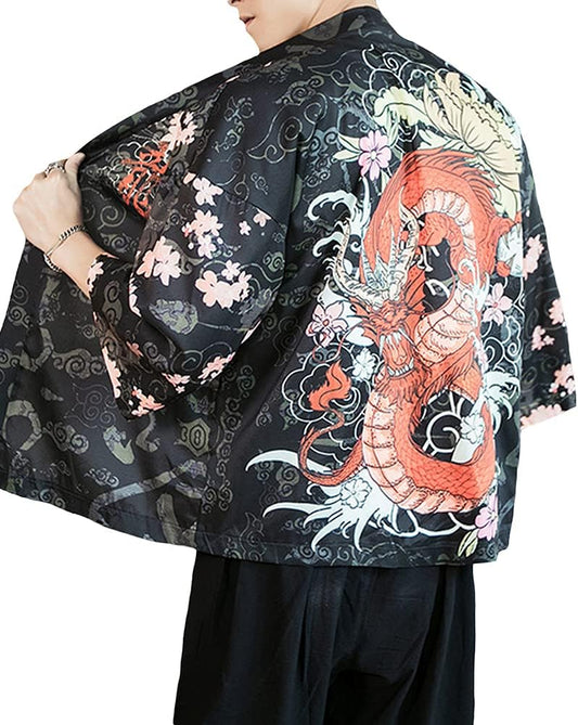 Men's Kimono Cardigan Jacket Japanese Kimono Shirt 3/4 Sleeve Printed Haori