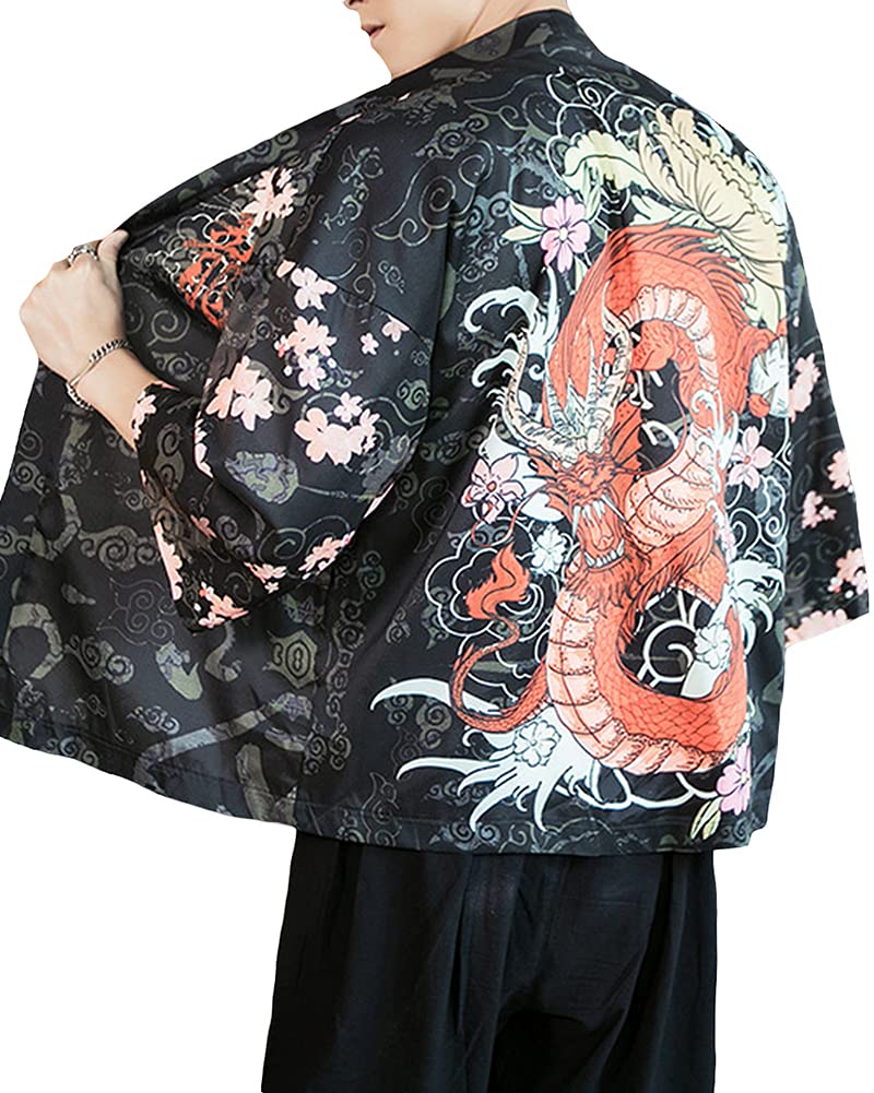 Men's Kimono Cardigan Jacket Japanese Kimono Shirt 3/4 Sleeve Printed Haori