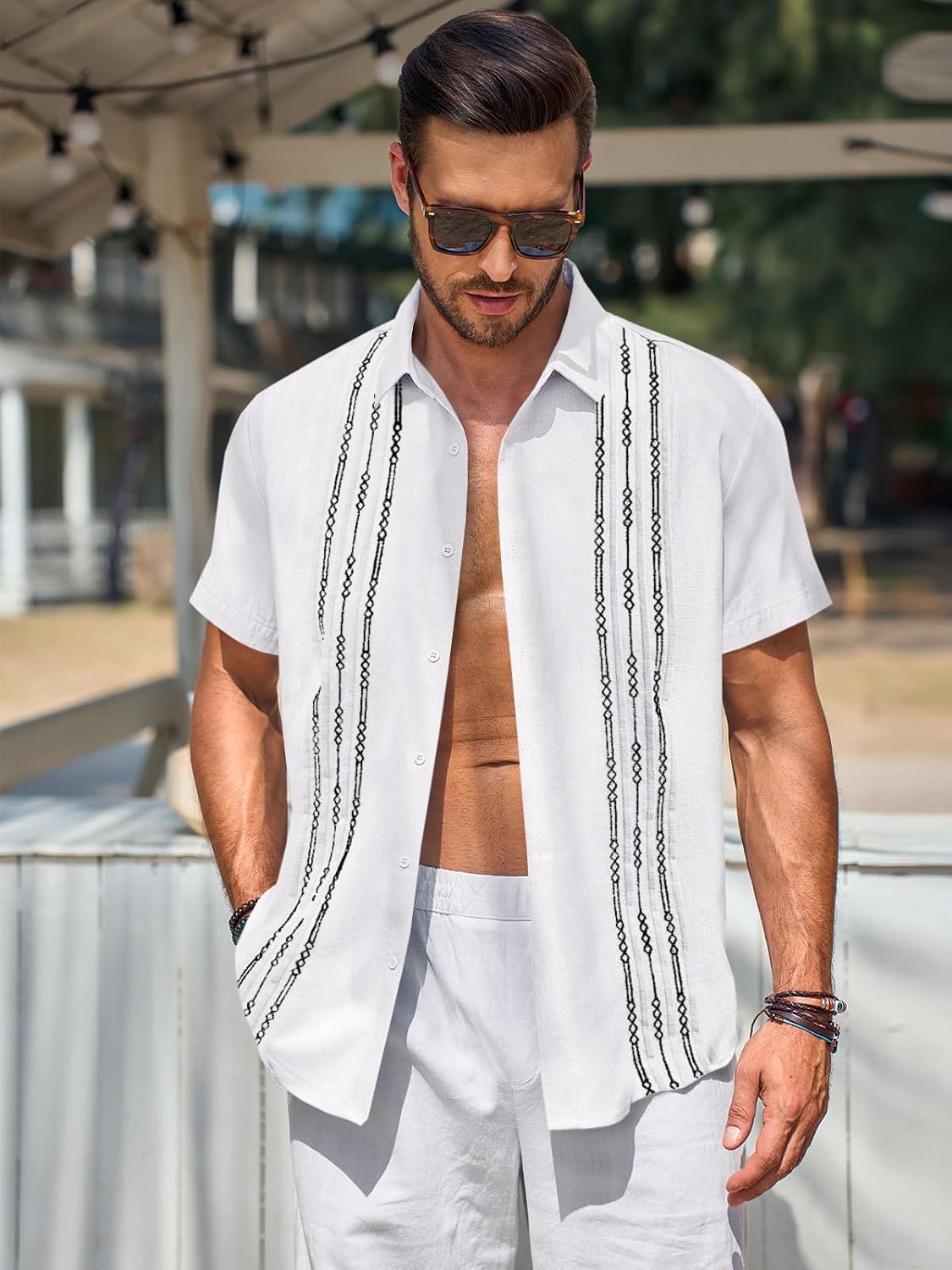 Runcati Mens Short Sleeve Guayabera Shirts Linen Button Down Cuban Shirt