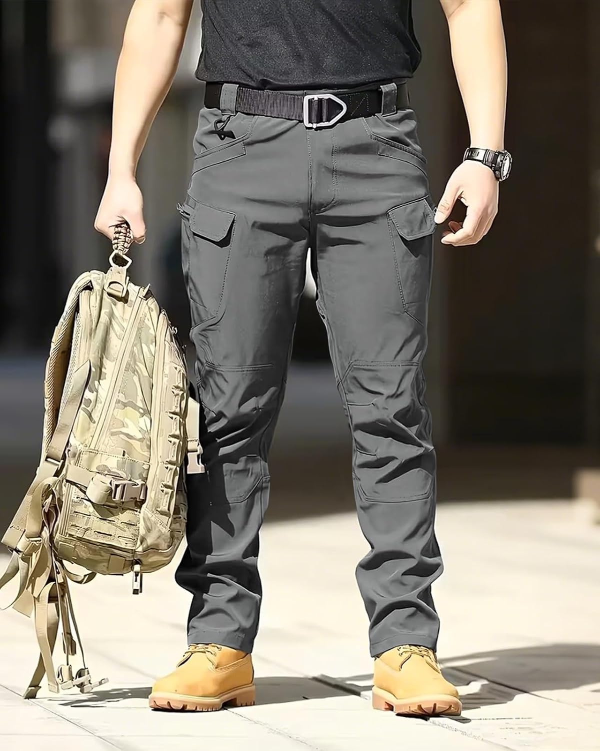 Men's Tactical Pants Stretch Waterproof Fabric Durable Cargo Pants for Hiking Casual Work Multi Pockets (No Belt)