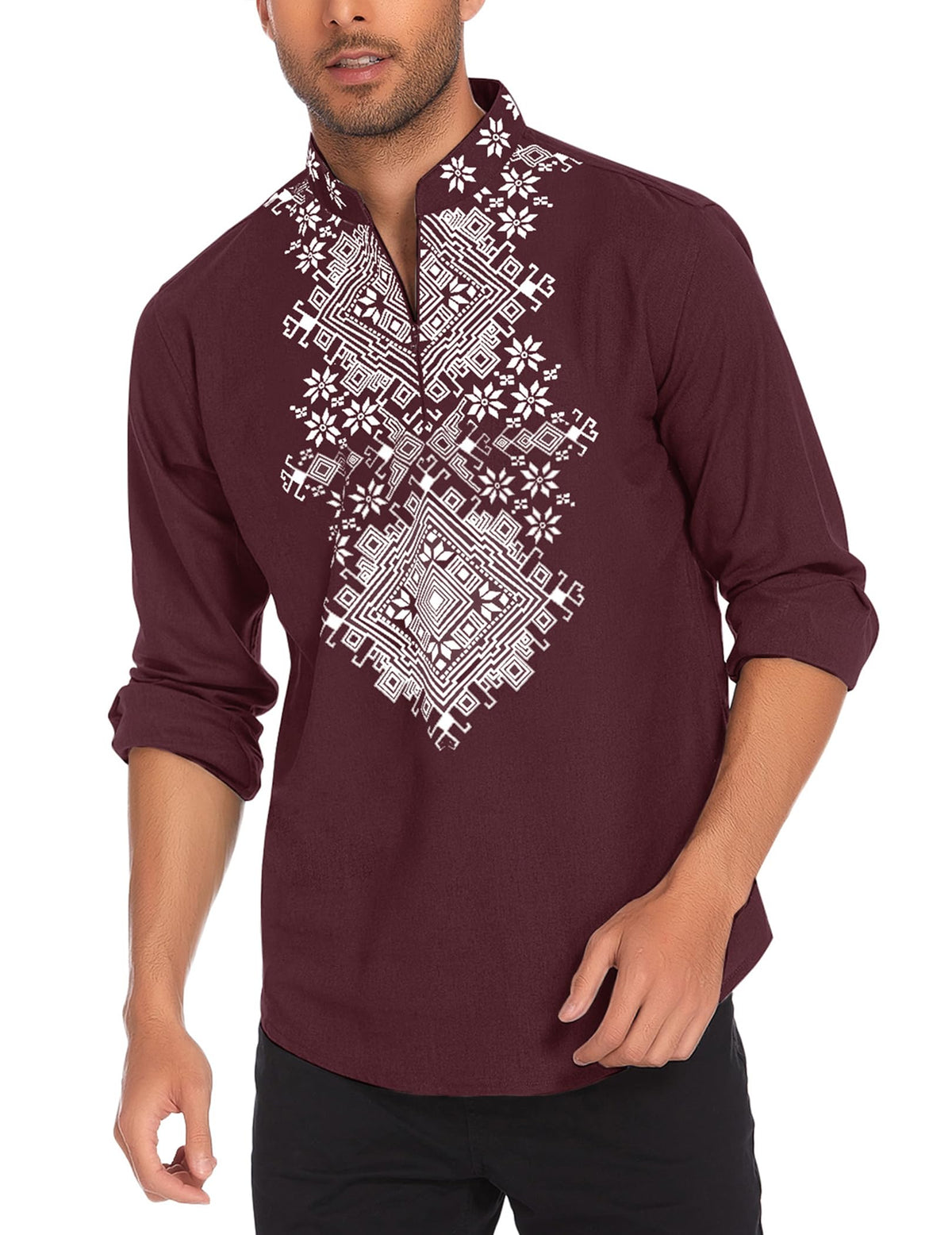 COOFANDY Men's Henley Shirt Vyshyvanka Long Sleeve African Print Shirts Casual Zip Up Cotton Linen Beach Hippie Shirt