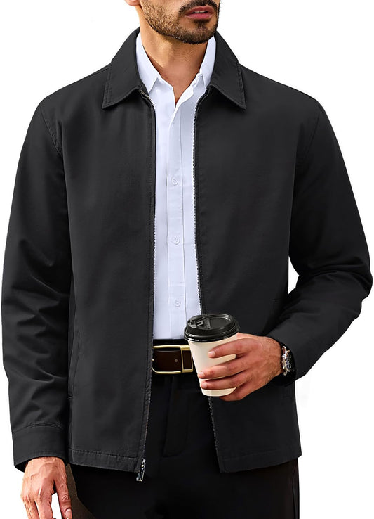 TACVASEN Men's Cotton Jacket Full Zip Up Work Jackets Turndown Collar Business Casual Windbreaker with 3 Pockets