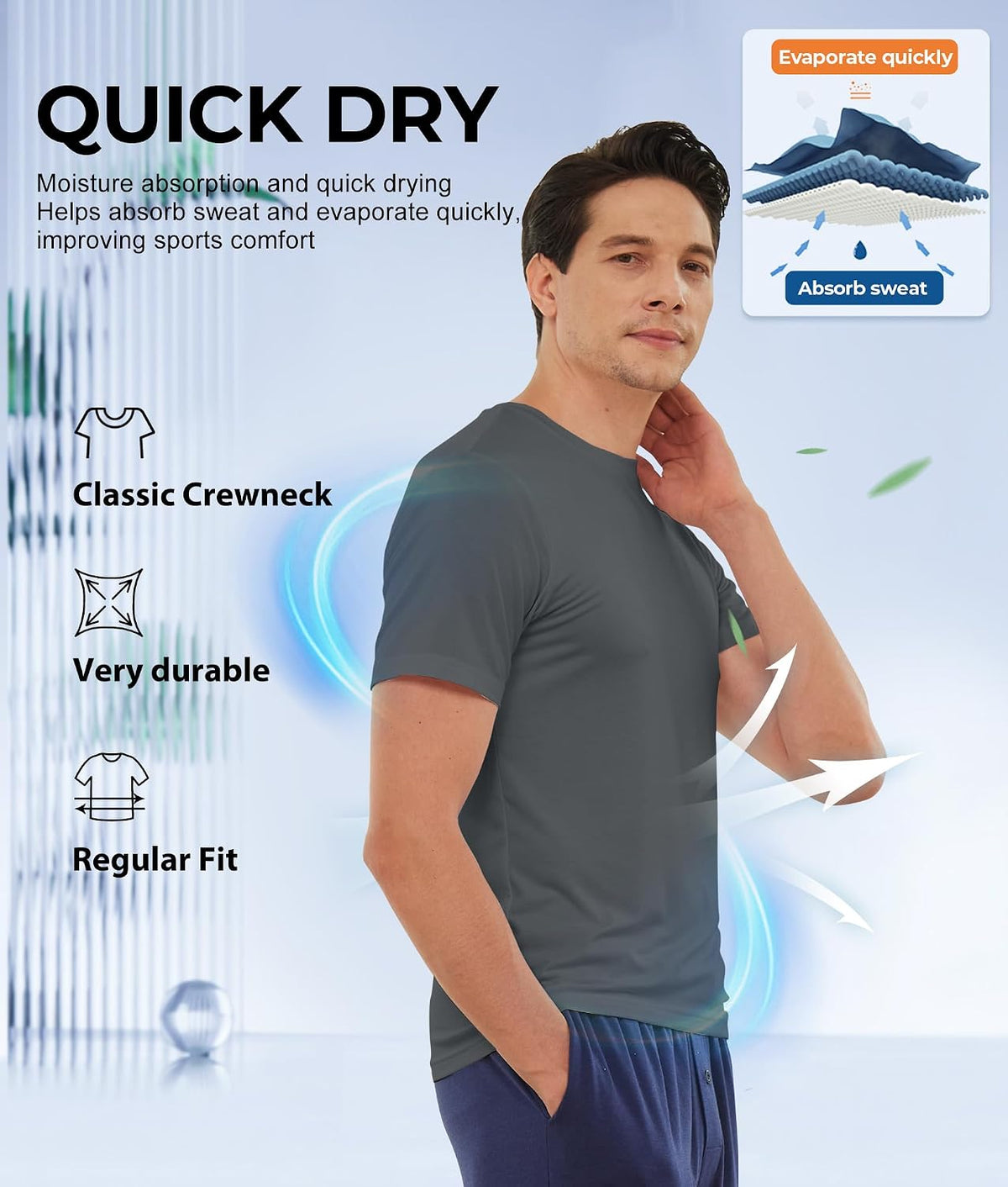 BAMBOO COOL Men's Undershirts Moisture Wicking Crewneck T Shirts 6 Pack