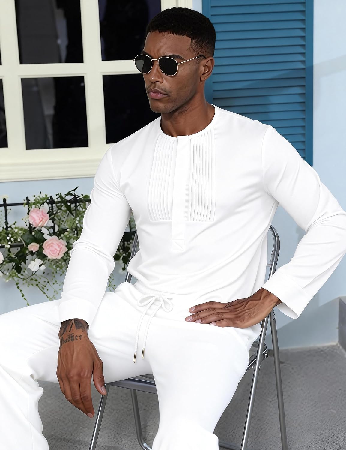 Mens African 2 Piece Set Dashiki Suit Pleated Snap Button Outfit