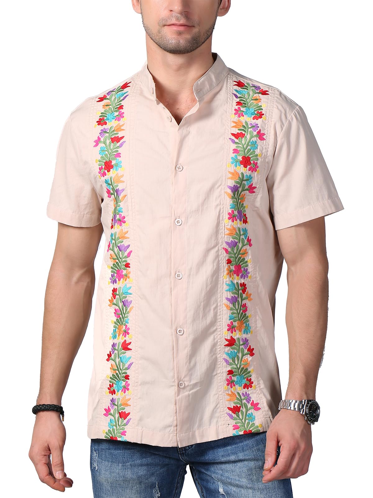Mexican Shirts for Men Traditional Men's Guayabera Dress Shirts Mens Button Up Band Collar Dress Shirt Fiesta
