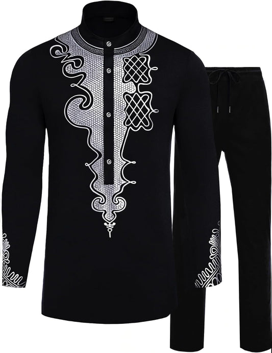 African Suits for Men African Outfits Dashiki Metallic Printed Suit