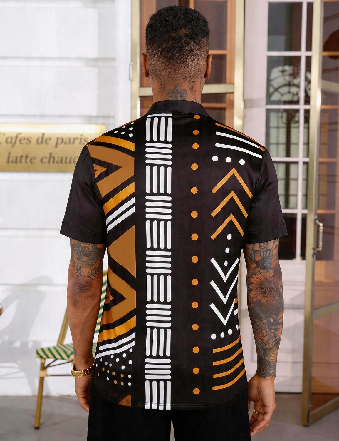 Mens African Dashiki Kente Printed Cuban Collar Button Down Shirts