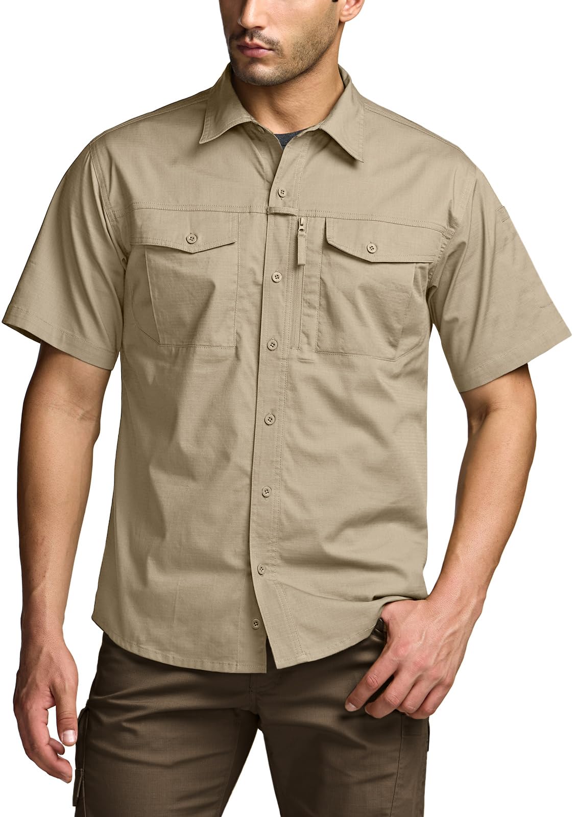 CQR Men's Short Sleeve Tactical Shirts, UPF 50+ Ripstop Military Work Shirts, Breathable Button Down Outdoor Hiking Shirt