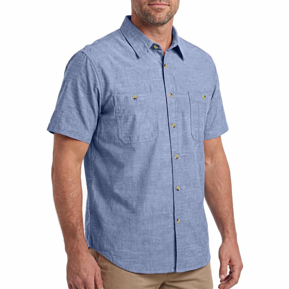 HISEA Men's Short Sleeve Chambray Shirt, Button Down Regular Fit Shirt