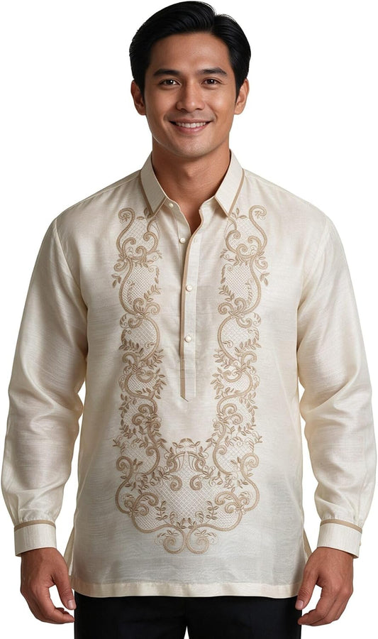 Barong Tagalog for Men, Long Sleeve Traditional Filipino Shirt, Organza with Pina Embroidery - US Size