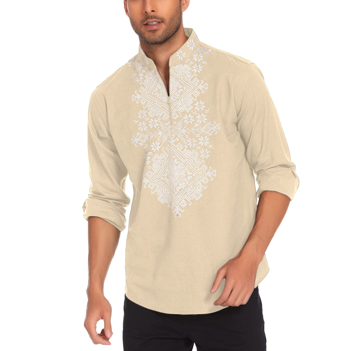 COOFANDY Men's Henley Shirt Vyshyvanka Long Sleeve African Print Shirts Casual Zip Up Cotton Linen Beach Hippie Shirt