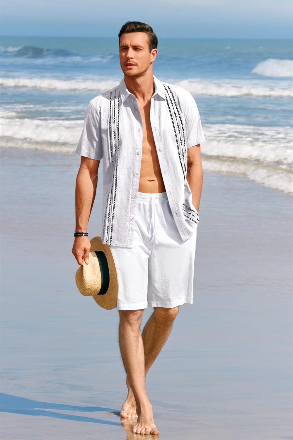 Runcati Mens Short Sleeve Guayabera Shirts Linen Button Down Cuban Shirt