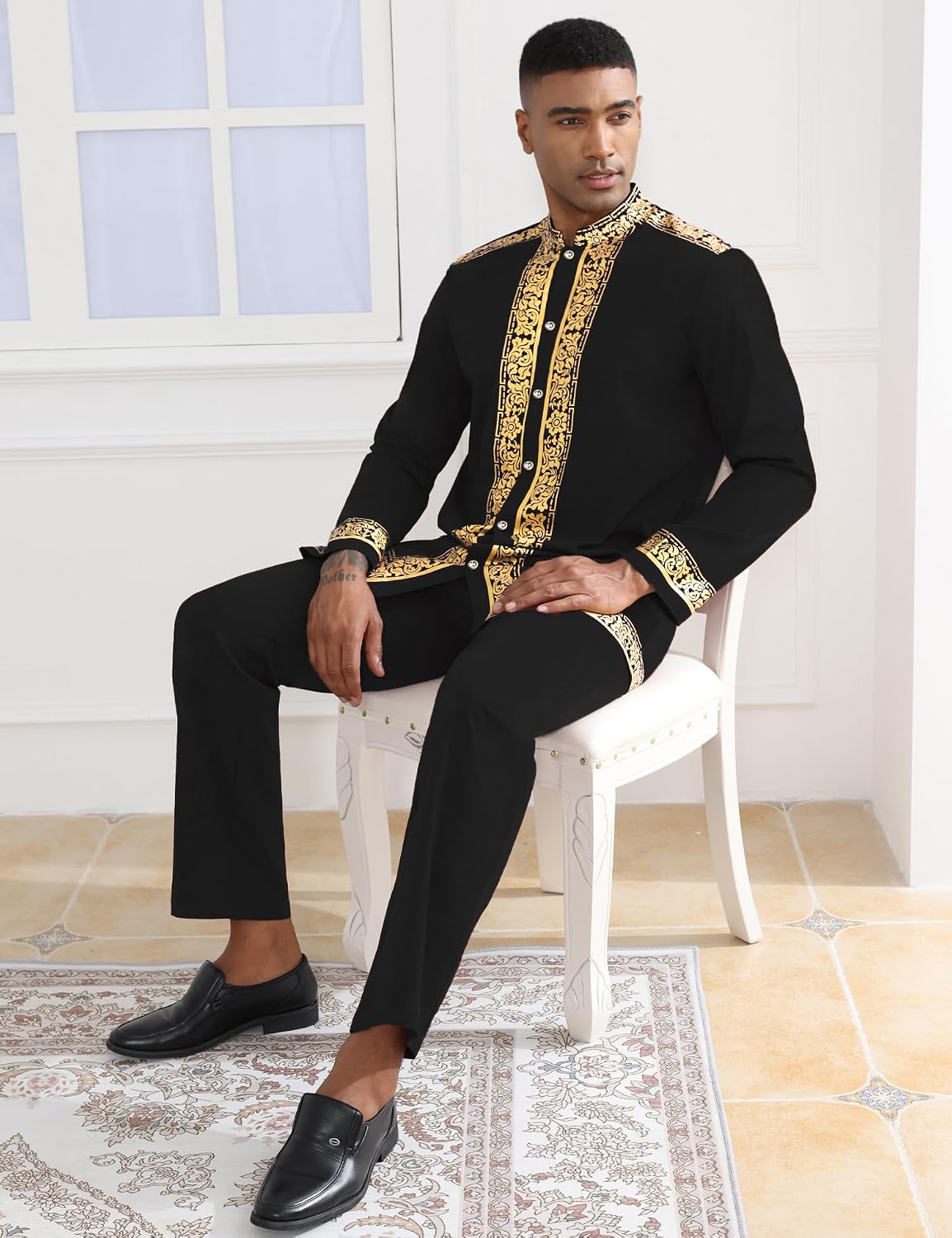Mens African 2 Piece Set Nigerian Dashiki Metallic Traditional Suit Gold Stamp Printed Shirt and Pants Outfit