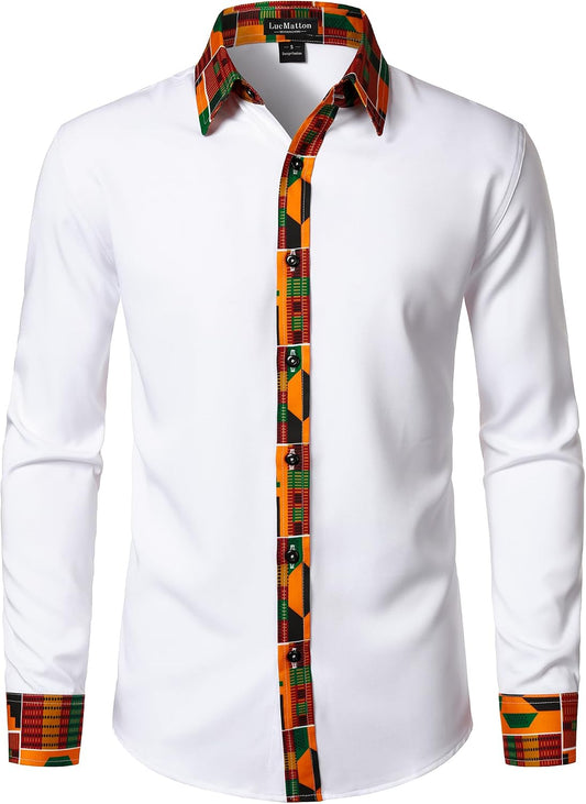 LucMatton Men's African Long Sleeve Button Down Dress Shirt
