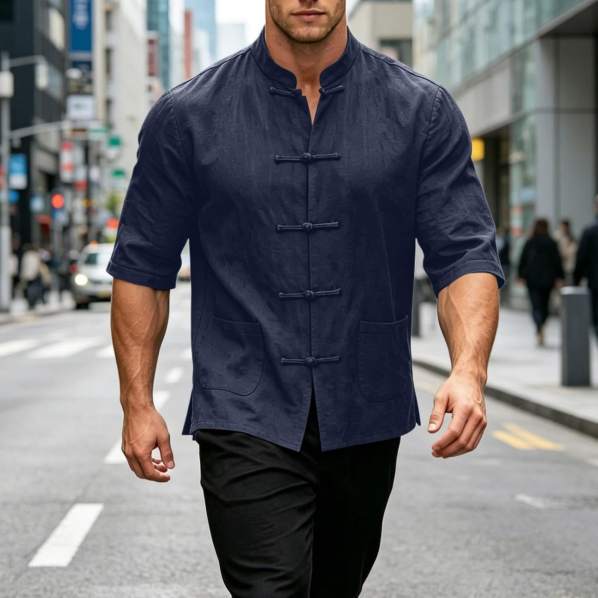 Mens Cotton Linen Kung Fu Shirt Traditional Chinese Tang Suit Vintage 3/4 Sleeve Frog Buttons Lightweight Jacket