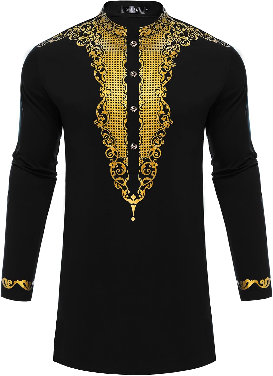 Mens Nigerian Dashiki Shirt African Print Tunic Top Button Placket Metallic Gold Stamp Traditional Clothing for Wedding Party