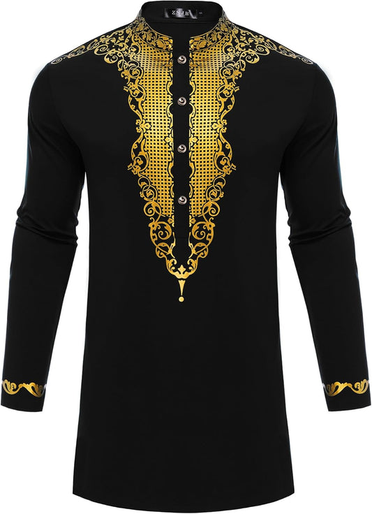Mens Nigerian Dashiki Shirt African Print Tunic Top Button Placket Metallic Gold Stamp Traditional Clothing for Wedding Party
