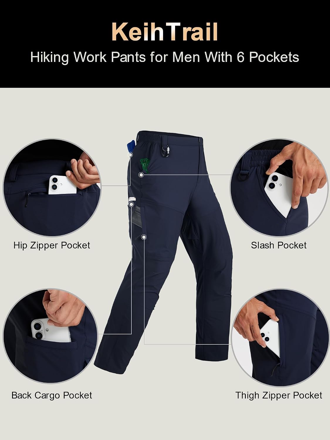 Mens Hiking Cargo Work Nylon Pants - Water & Wear Resistant Breathable Lightweight Stretch Quick Dry - EDC with 6 Pocket