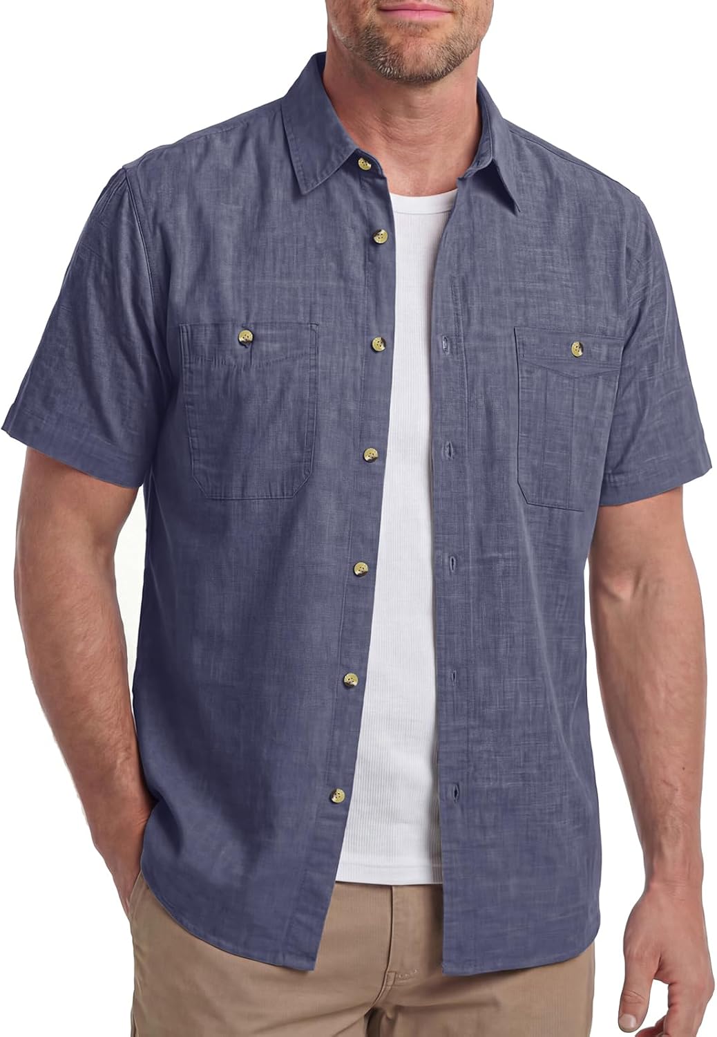 HISEA Men's Short Sleeve Chambray Shirt, Button Down Regular Fit Shirt