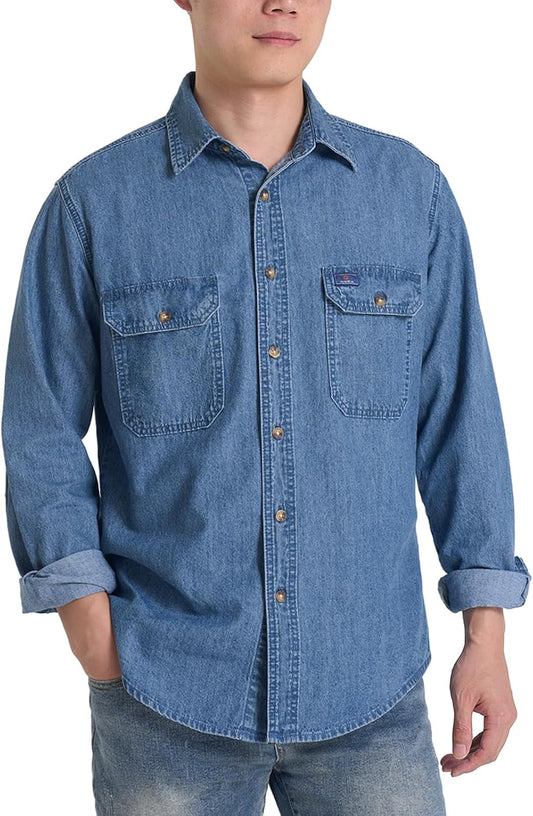 HISEA Mens Long Sleeve Denim Shirt, Button Down Jean Work Shirt Regular Fit