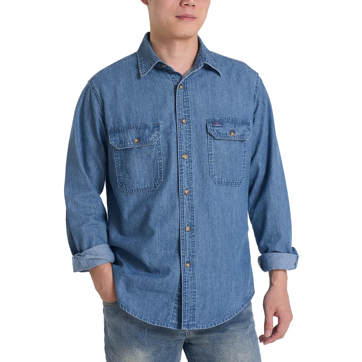 HISEA Mens Long Sleeve Denim Shirt, Button Down Jean Work Shirt Regular Fit