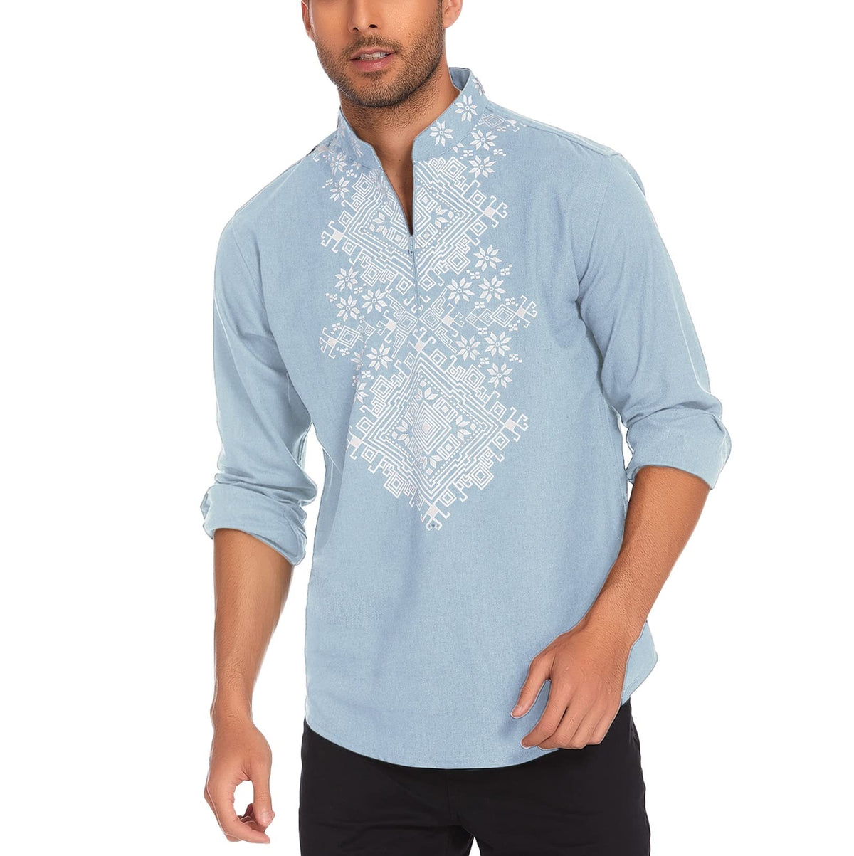 COOFANDY Men's Henley Shirt Vyshyvanka Long Sleeve African Print Shirts Casual Zip Up Cotton Linen Beach Hippie Shirt