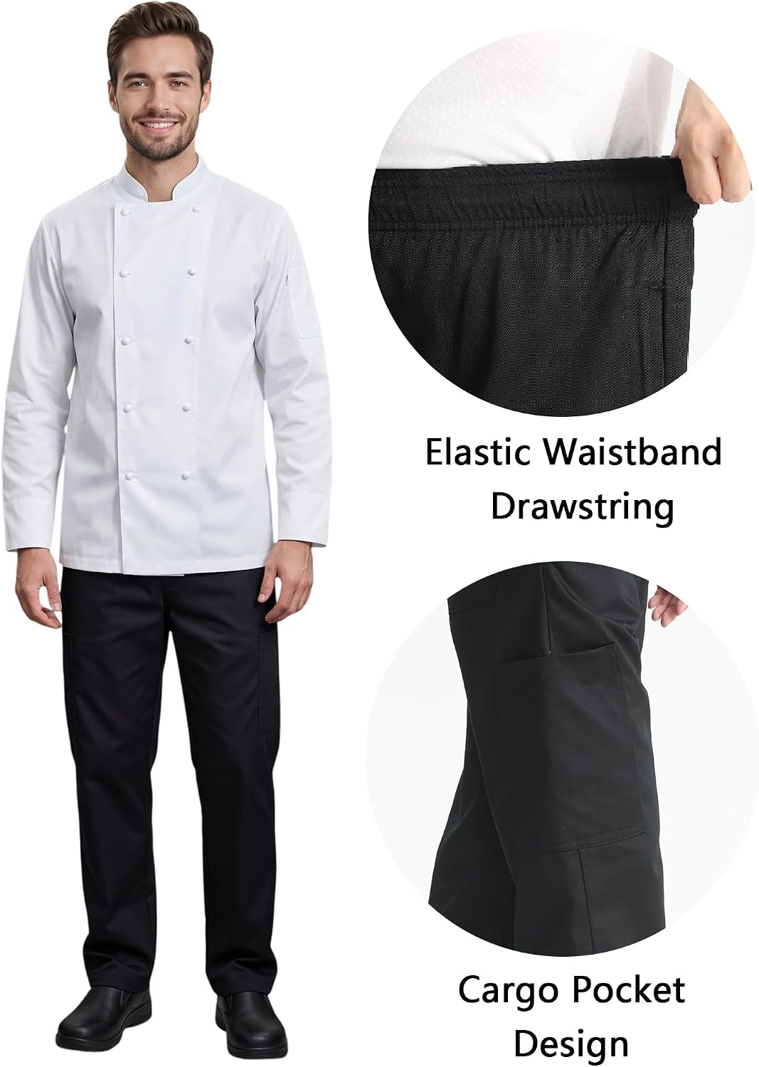 KITCHIEF Men's Baggy Chef Pants Black Cargo Pants for Men Chef Server Work Pants for Kitchen & Restaurant - Drawstring Waist