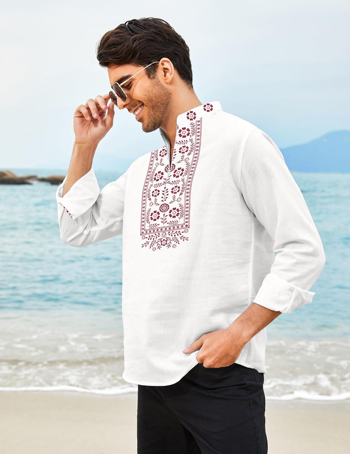 COOFANDY Men's Henley Shirt Vyshyvanka Long Sleeve African Print Shirts Casual Zip Up Cotton Linen Beach Hippie Shirt