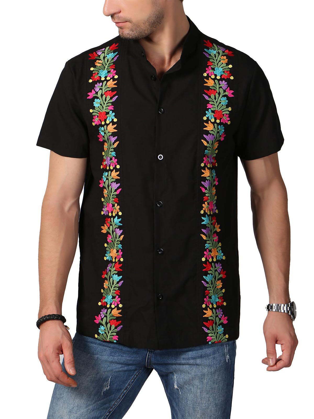 Mexican Shirts for Men Traditional Men's Guayabera Dress Shirts Mens Button Up Band Collar Dress Shirt Fiesta