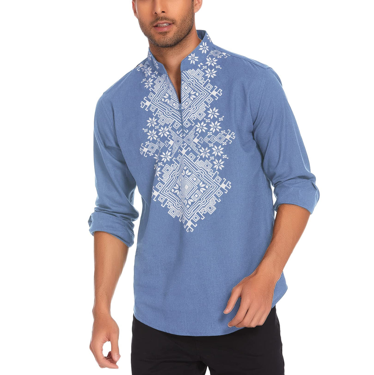 COOFANDY Men's Henley Shirt Vyshyvanka Long Sleeve African Print Shirts Casual Zip Up Cotton Linen Beach Hippie Shirt