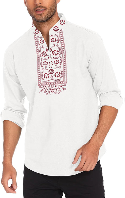 COOFANDY Men's Henley Shirt Vyshyvanka Long Sleeve African Print Shirts Casual Zip Up Cotton Linen Beach Hippie Shirt