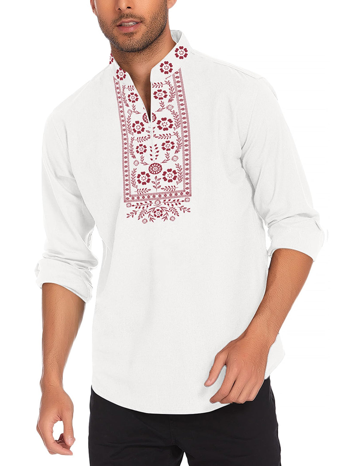 COOFANDY Men's Henley Shirt Vyshyvanka Long Sleeve African Print Shirts Casual Zip Up Cotton Linen Beach Hippie Shirt