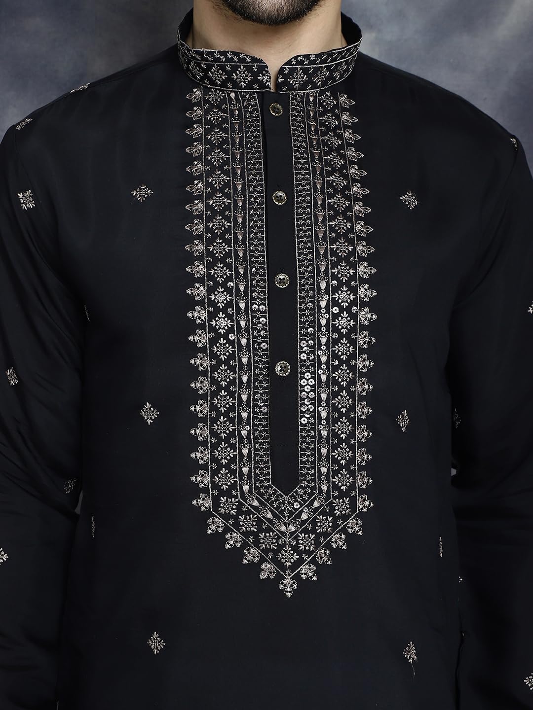 Maple Clothing Embroidered Kurta for Men Silk Blend Designer Neck Sequin Indian Wedding Ethnic Outfit