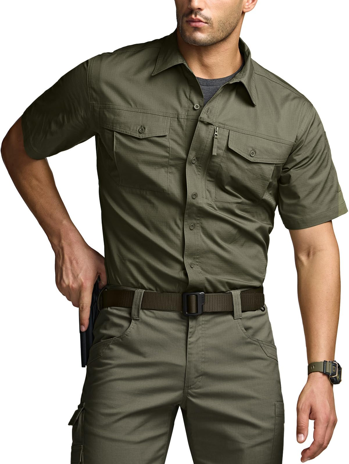 CQR Men's Short Sleeve Tactical Shirts, UPF 50+ Ripstop Military Work Shirts, Breathable Button Down Outdoor Hiking Shirt